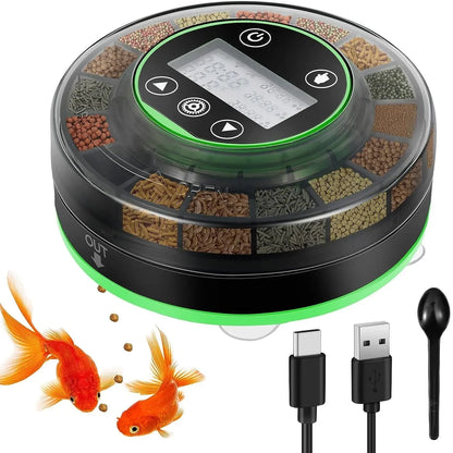 Automatic Fish Feeder for Aquarium – Rechargeable Food Dispenser with Timer, LCD Display & USB Cable