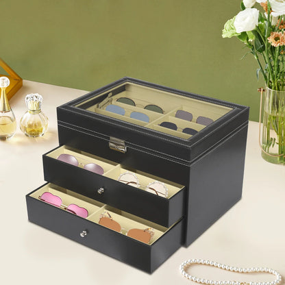 3-Layer Leather Glasses Organizer with Drawer – 24 Slot Sunglasses Display & Storage Case Rust-Resistant