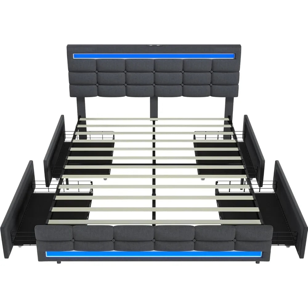 LED Full Size Bed Frame – Upholstered Platform Bed with LED Headboard & Footboard, Square Stitched Tufted Design