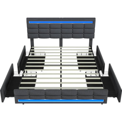 LED Full Size Bed Frame – Upholstered Platform Bed with LED Headboard & Footboard, Square Stitched Tufted Design