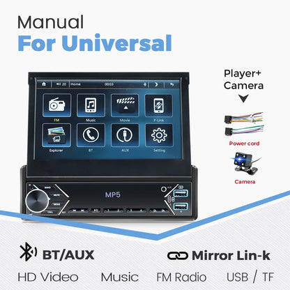 Carplay Android Auto 1 Din MP5 Player - 7 Inch Retractable Touch Screen, FM Radio, Mirror Link, Manual & Automatic Car Player