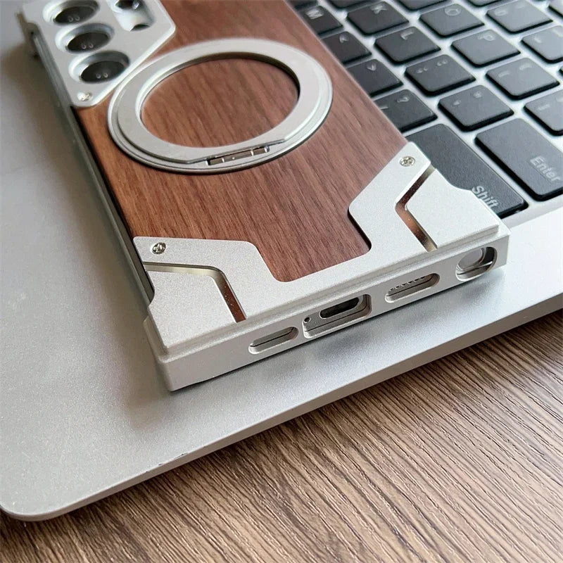 Aluminum & Wooden Magnetic Phone Case – 360° Shockproof Magsafe Cover for Samsung Galaxy S22-S25 Ultra