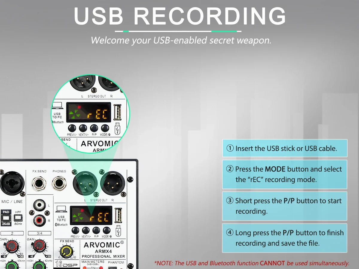 ARVOMIC 4-Channel DJ Audio Mixer – USB Interface, Bluetooth, 16 DSP Effects & 3-Band EQ (ARMX-4)