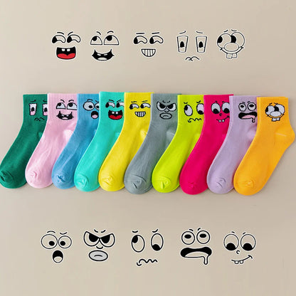 5/10 Pack Women’s Cartoon Mid-Tube Socks – Trendy Solid Color Sports & Leisure Socks for Spring and Summer