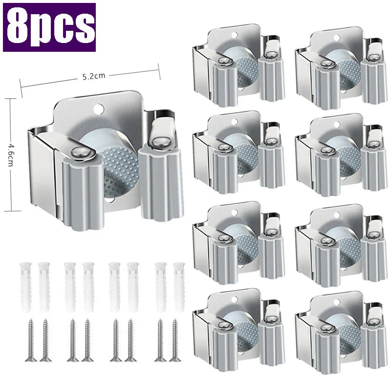 Stainless Steel Mop Clip Holder — Wall-Mounted Broom & Brush Hanger Rack for Kitchen & Bathroom Organization
