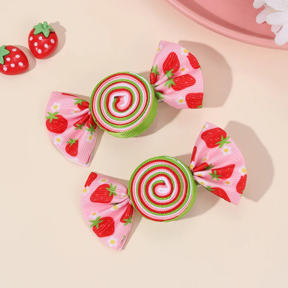 2-Piece Candy Bow Hair Clips – Sweet Strawberry & Heart Print Barrettes for Girls & Kids