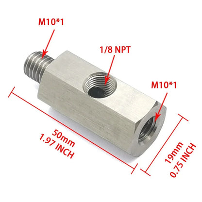 Oil Pressure Sensor Tee Adapter — M10x1.0 to M10x1.0 with 1/8NPT Female Side Holes for Turbo Supply Feed Line Gauge