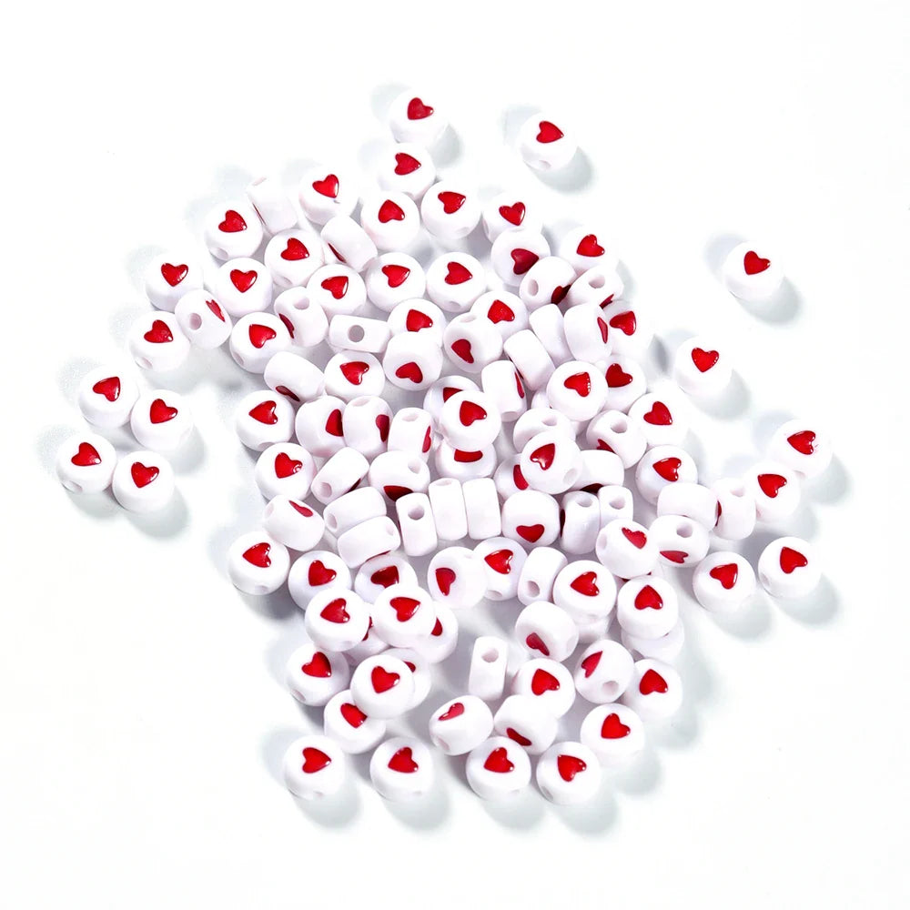 100Pcs 7mm Acrylic Flat Round Beads – Colorful Heart Pattern Spacer Beads for DIY Bracelet & Earring Jewelry Making Supplies