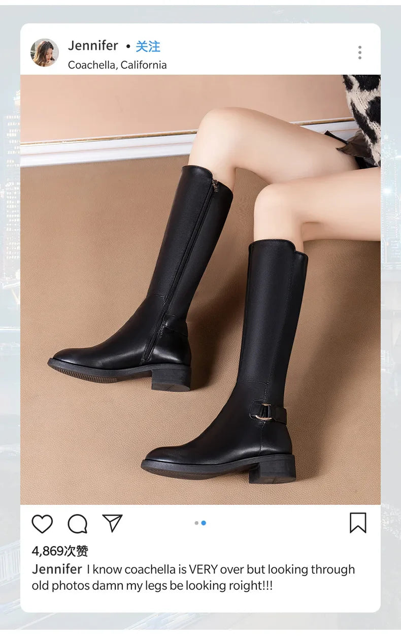 Women’s Black PU Leather Knee-High Boots – Metal Buckle, Fashion Outdoor Long Shoes, Size 34-41