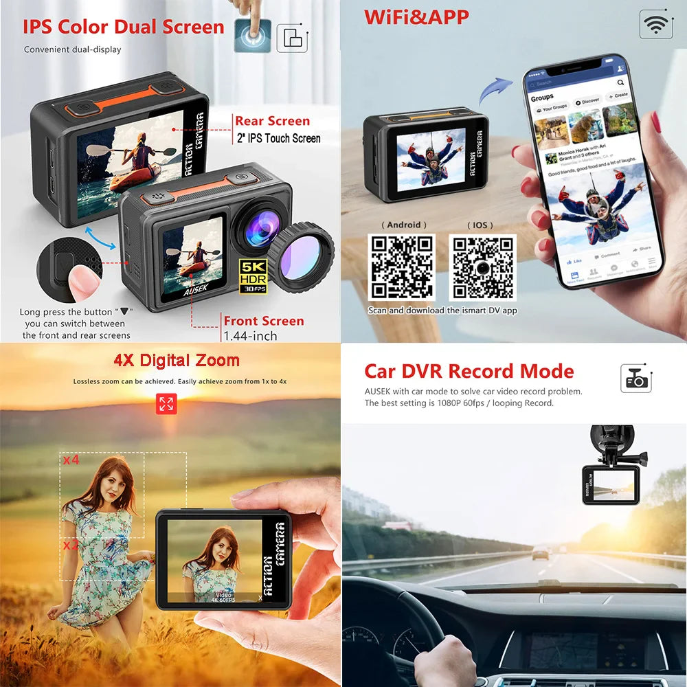 AUSEK S81TRW 5K Action Camera – 4K60FPS, 48MP, EIS, 5X Zoom, 1080P Webcam, Wi-Fi Vlog Sports Cam with Remote & Optional Filters