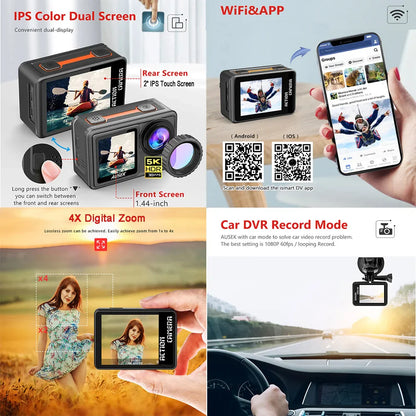 AUSEK S81TRW 5K Action Camera – 4K60FPS, 48MP, EIS, 5X Zoom, 1080P Webcam, Wi-Fi Vlog Sports Cam with Remote & Optional Filters