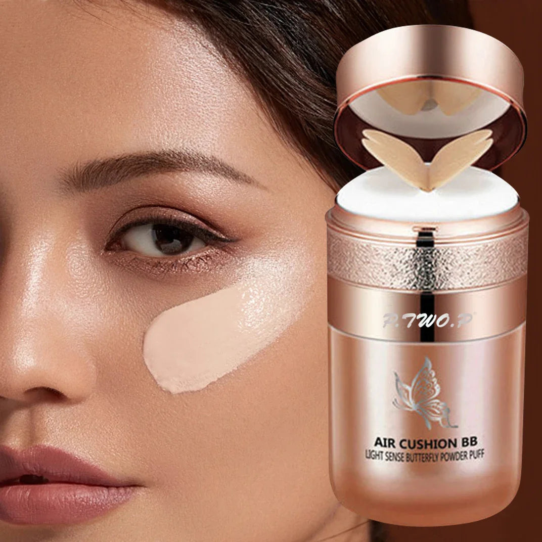 Air Cushion BB Cream with Butterfly Powder Puff – Moisturizing Foundation, Concealer & Whitening Oil-Control Waterproof Makeup