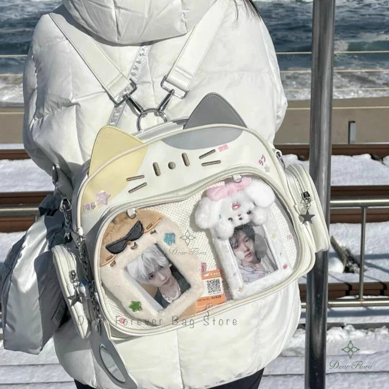 Y2K Korean Kawaii Cat Ita Bag — Cute PU Transparent Shoulder & Crossbody Bag for Girls, Harajuku Style Backpack