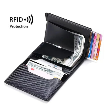 Carbon Fiber Credit Card Holder Wallet for Men - RFID Slim Pop-Up Metal Minimalist Case, Black