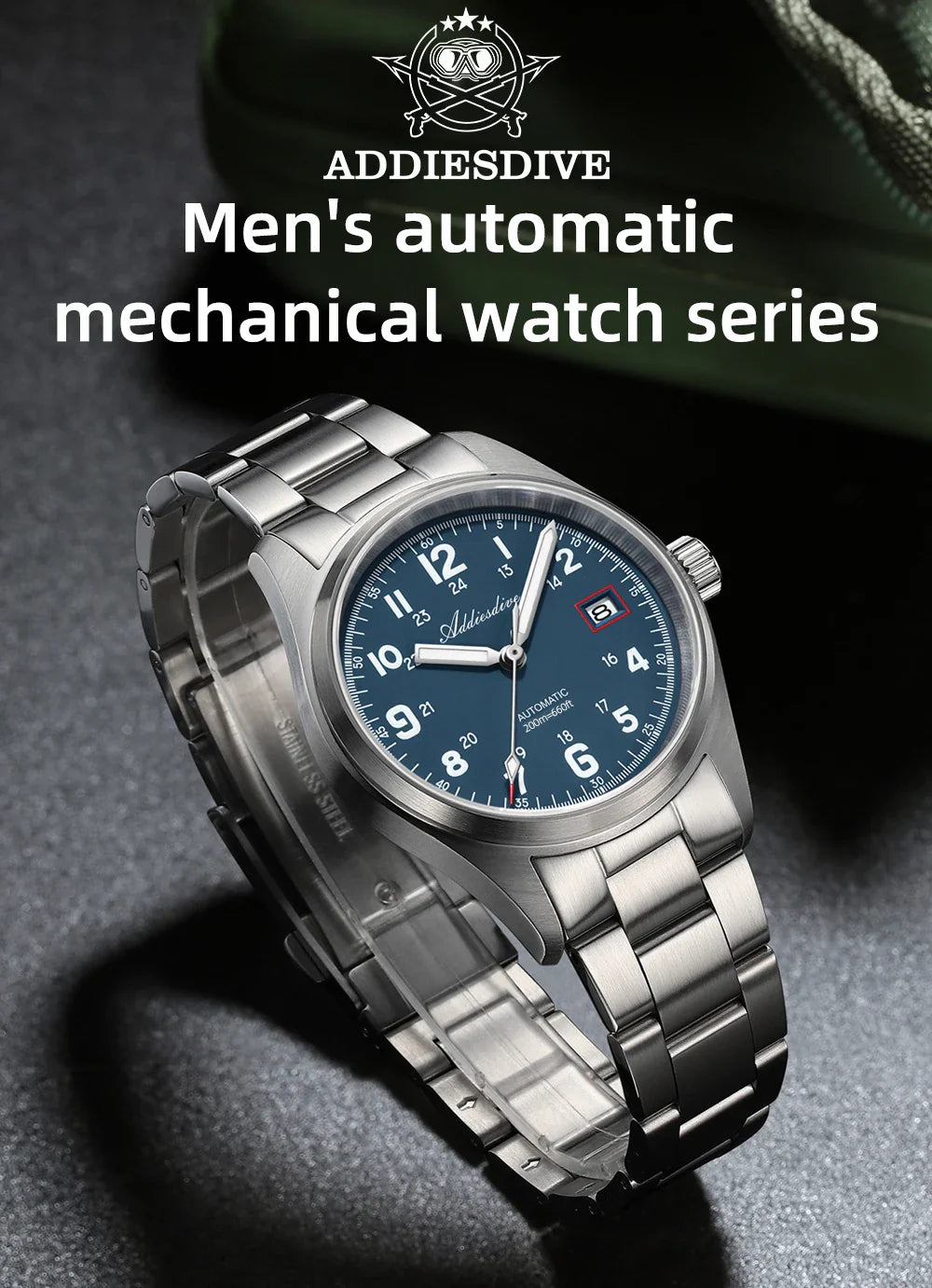 ADDIESDIVE AD2070 Men’s Automatic Mechanical Watch – Sapphire Crystal, 20Bar Waterproof, Super Luminous Stainless Steel