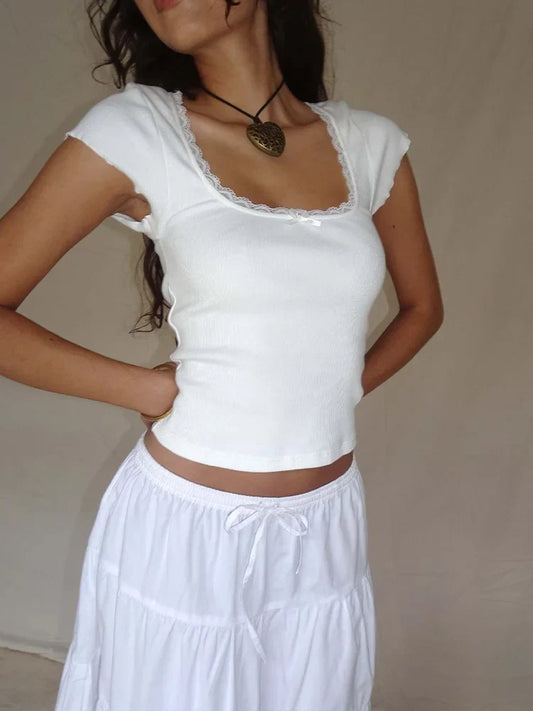 Y2K Vintage Lace Trim Baby Tee - Women's Square Neck Knitted Crop Top Summer Short Sleeve Shirt