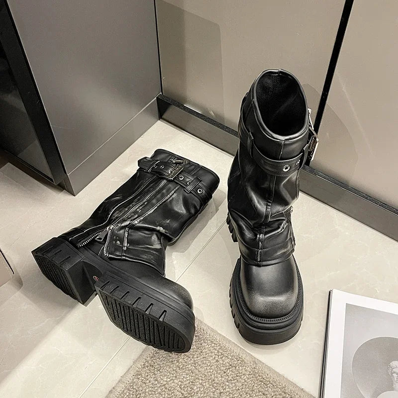 2023 New Women's Mid-Calf Boots – Fashion Belt Buckle, Side Zipper, Round Toe, High Quality