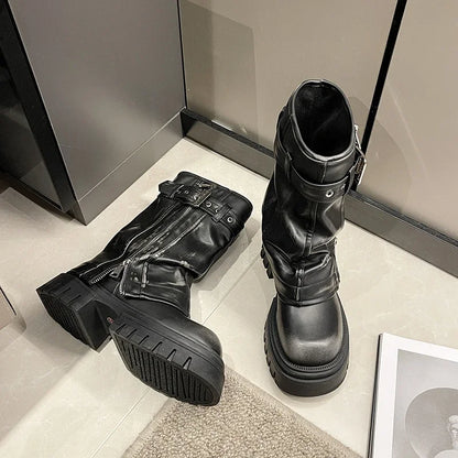 2023 New Women's Mid-Calf Boots – Fashion Belt Buckle, Side Zipper, Round Toe, High Quality