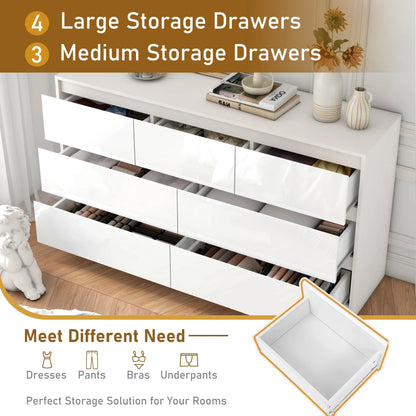 55-Inch Modern 7-Drawer Dresser – High Gloss White/Black Wooden Chest for Bedroom Storage