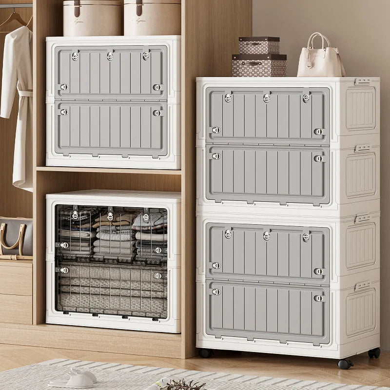 Large Capacity Foldable Storage Bin - Transparent Mobile Organizer with Wheels for Clothes & Toys