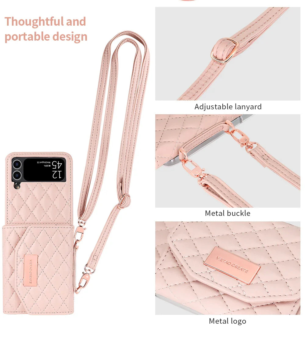 VIETAO Leather Wallet Phone Case with Crossbody Strap — Pink Purse Case for Samsung Galaxy Z Flip 3/4/5/6/7