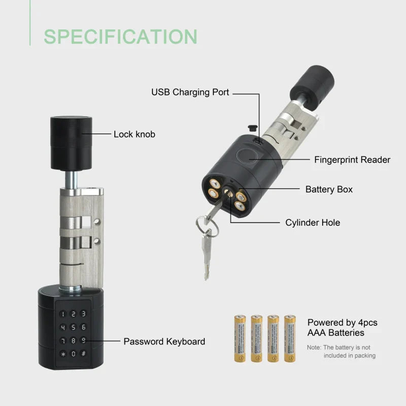 Tuya App Fingerprint Cylinder Smart Door Lock – Electronic Keypad, Key Card & Remote Control for Home & Apartment