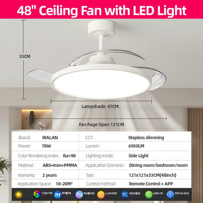 Modern Invisible Ceiling Fan with LED Light - DC Motor, Large Air Volume & Remote Control for Bedroom and Dining Room