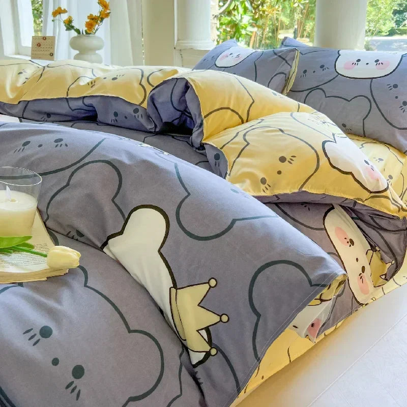 Kawaii Bear & Dog Printed Bedding Set – Floral Duvet Cover with Pillowcases, Full/Queen/King Bed Linen Quilt Sheets