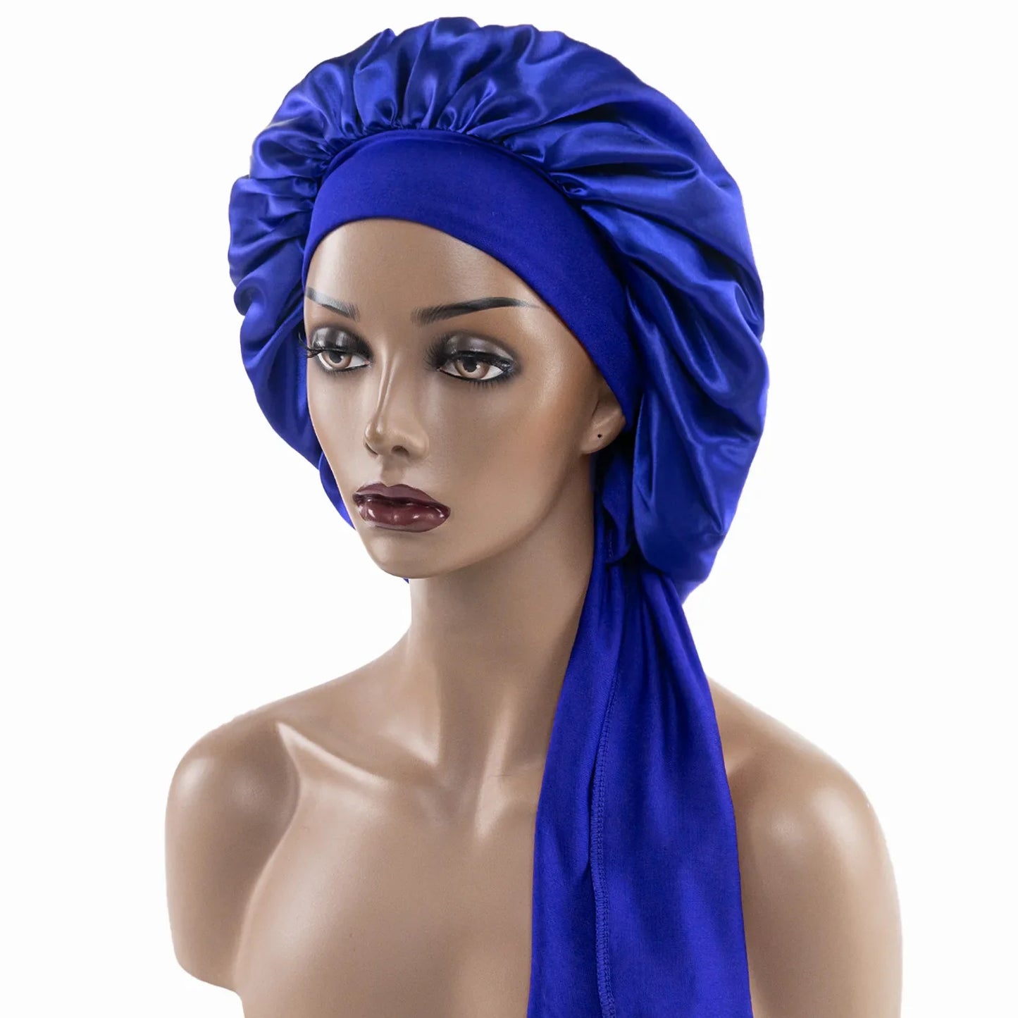 Satin Nightcap for Women - Wide Stretch, Extra-Large Long Tail, Shower Cap with Ribbon, Round Hat Hair Bonnet