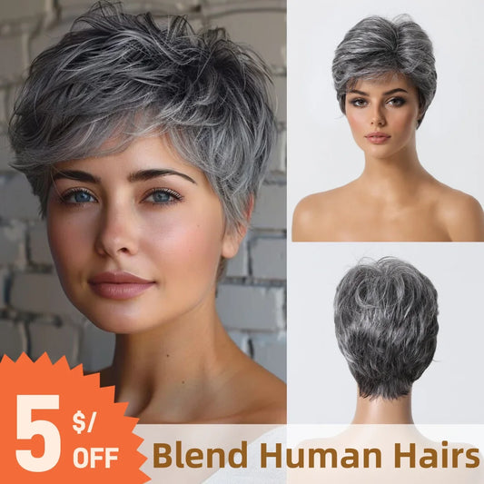 Short Pixie Cut Grey Human Hair Wig – 8 Inch Layered Fashion Wig for Women, Daily Use, Machine Made