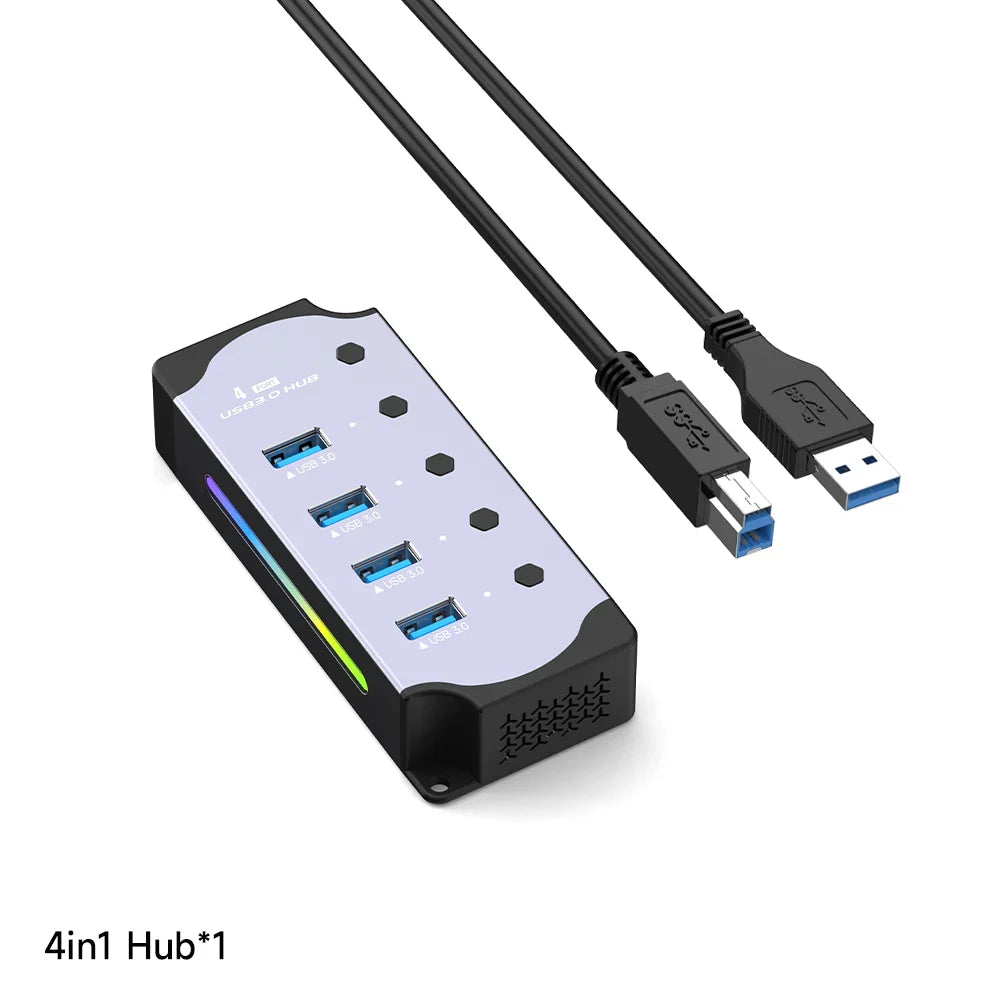 10-in-1 USB 3.0 Powered Hub — RGB E-Marker with Individual Switches & Heat Dissipation, DC 5V Adapter