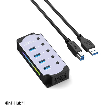 10-in-1 USB 3.0 Powered Hub — RGB E-Marker with Individual Switches & Heat Dissipation, DC 5V Adapter