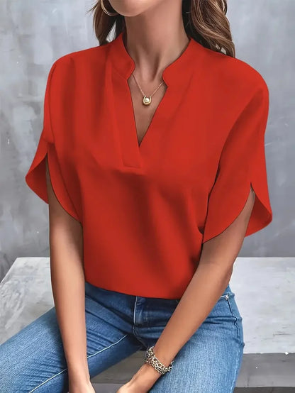 Women’s V-Neck Summer Blouse - Casual Solid Half Sleeve Loose Fit Elegant Office Pullover Shirt Top