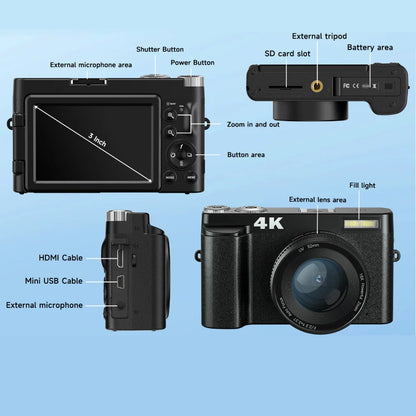 4K Digital Camera – 48MP Photography & Video, Autofocus, Anti-Shake, 3'' 180° Flip Screen with Flash, Compact Vlogging Camera