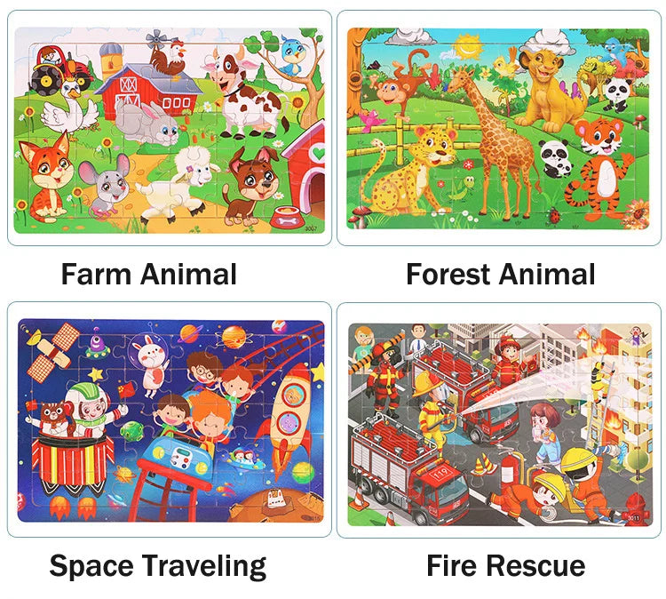 30PCS Montessori Wooden 3D Cartoon Animal Puzzle – Educational Jigsaw Board Game for Kids