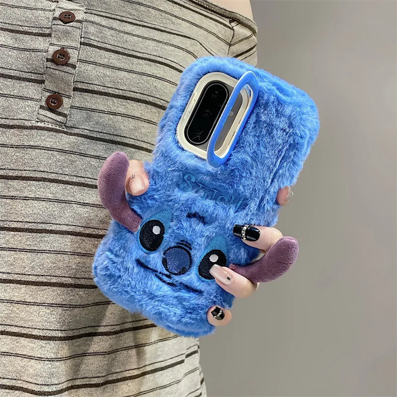 Cute Cartoon Stitch Plush Phone Case with Lens Holder – Shockproof Cover for Samsung Galaxy S23/S24/S25 Plus Ultra A56