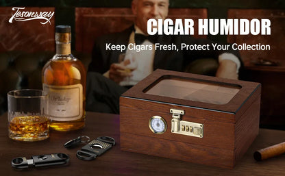 Cedar Wood Cigar Humidor – Glass Top Desktop Cigar Box with Front Hygrometer, Humidifier, Divider, and Accessories Drawer