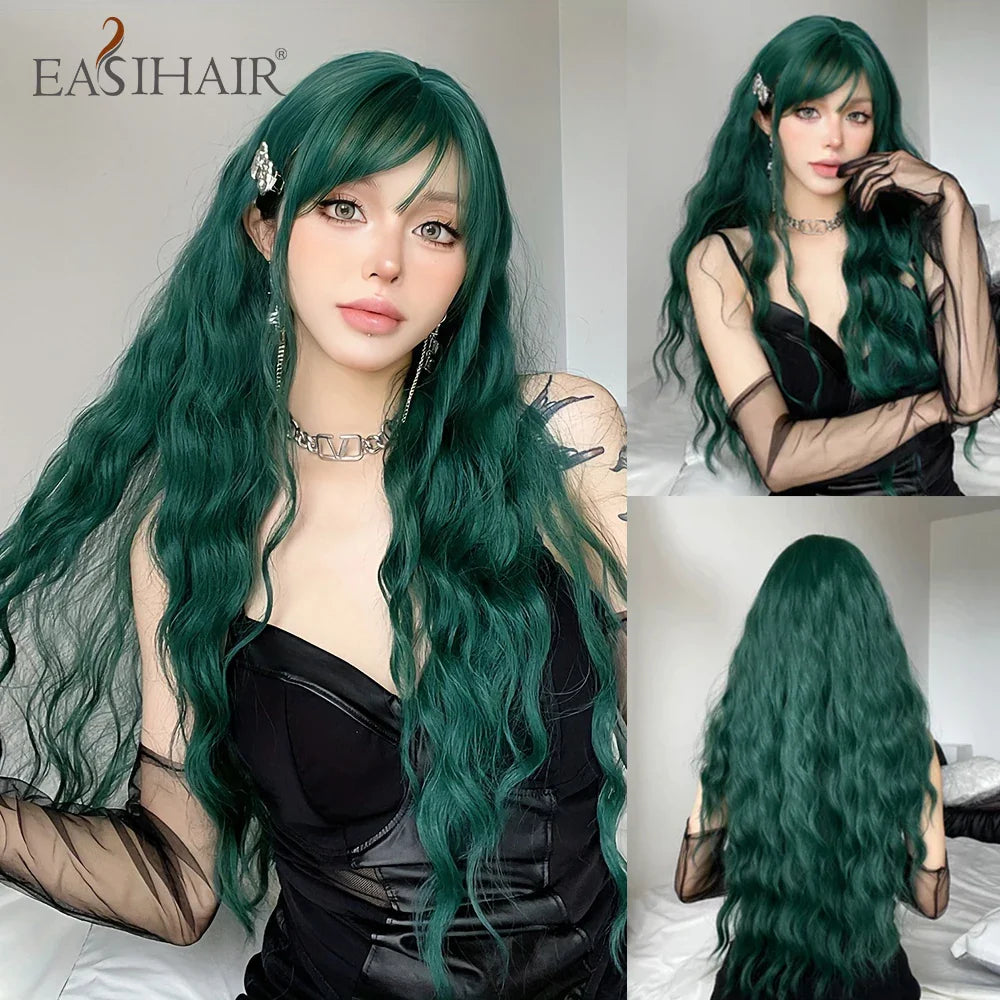 Light Green Long Wavy Synthetic Wig with Bangs – Blackish Green Cosplay & Lolita Style, Heat-Resistant for Women