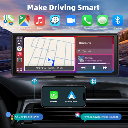 Portable Wireless CarPlay Screen - Universal Android Auto Touchscreen Car Stereo System
