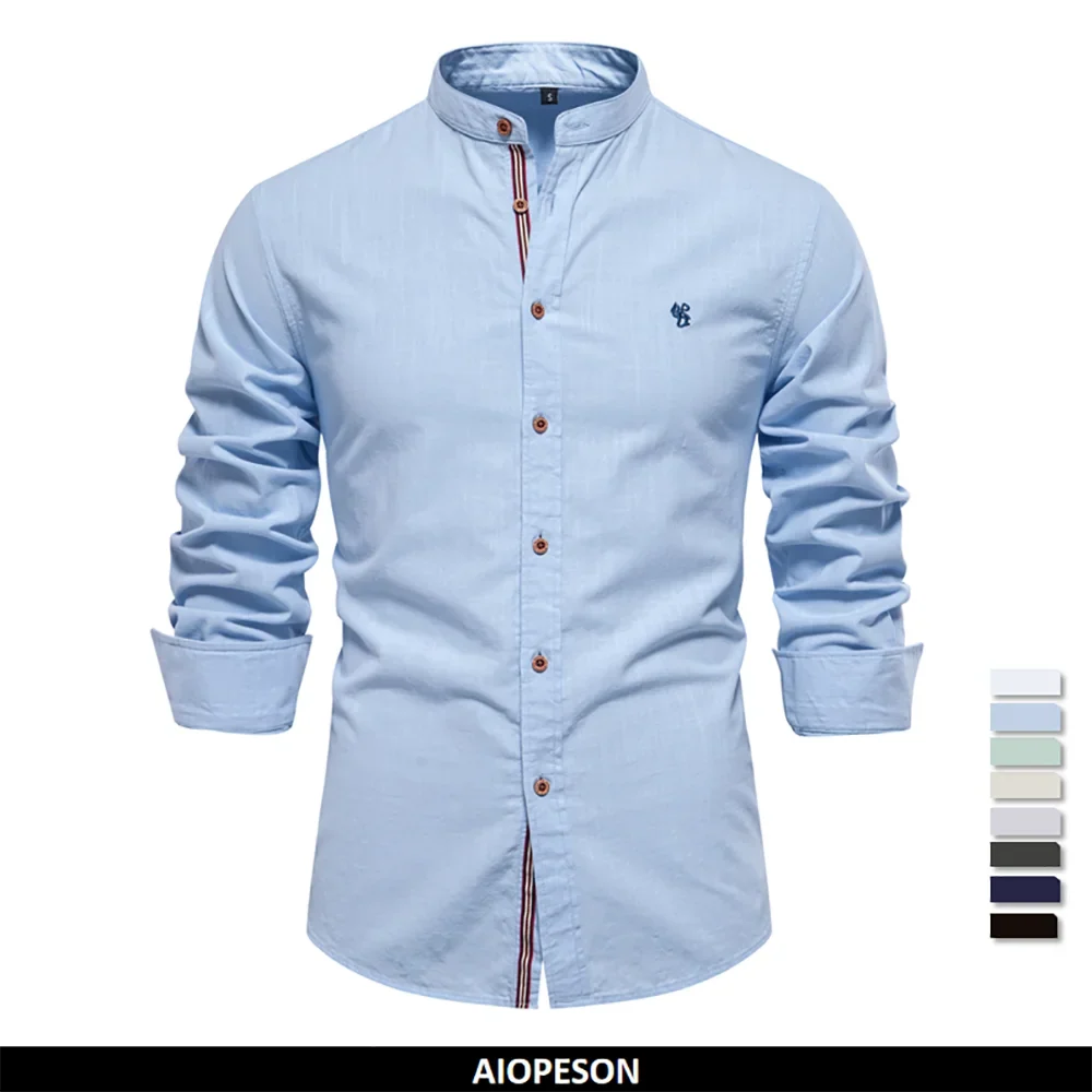 AIOPESON Men's 100% Cotton Shirt - Solid Color Long Sleeve Casual Shirt for Spring