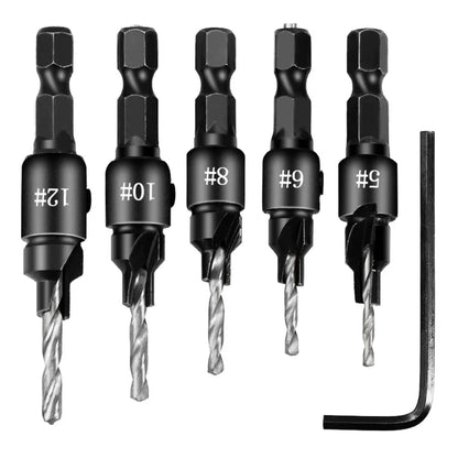 5pcs Countersink Drill Bit Set – Woodworking Pilot Hole Drills for Screw Sizes #5, #6, #8, #10, #12
