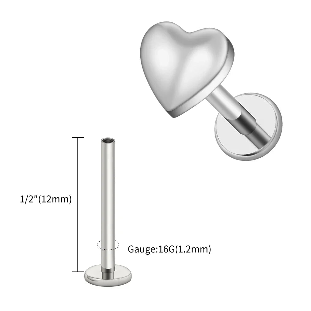 Right Grand ASTM F136 Titanium 16G Heart Flat Back Labret Stud – Monroe, Lip, Helix, Tragus, Conch & Earlobe Cartilage Piercing Body Jewelry