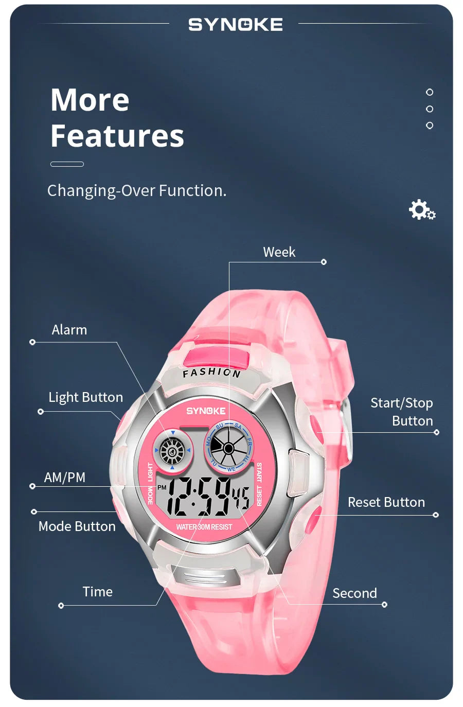 SYNOKE Student Electronic Watch - Waterproof Sports Watch for Children, Glow Multi-Function Digital Watch with 7 Colors Light, Perfect Gift