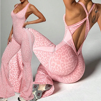 Women’s One-Piece Pad Jumpsuit Yoga Set – Flared Scrunch Workout Pants & Trendy Activewear XP10