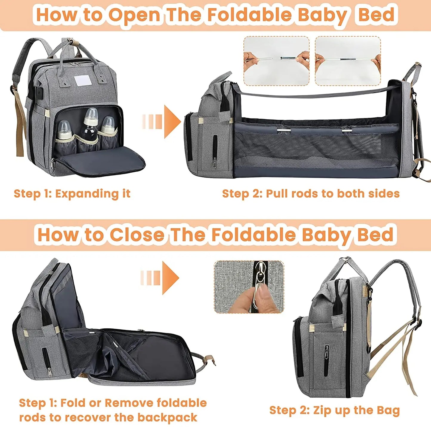 Fashionable Mommy Bag: Folding Baby Bed with Large Capacity for Milk Bottles, Diapers, and Double Shoulder Carrying - Portable Mother's Essential