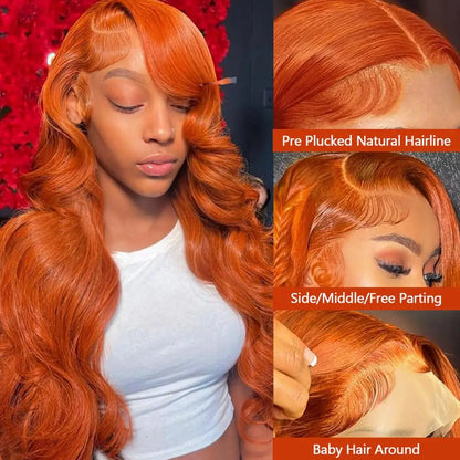 30-36 Inch Body Wave Orange Ginger Lace Front Wig – Pre-Plucked 13x6 Human Hair Lace Frontal for Women