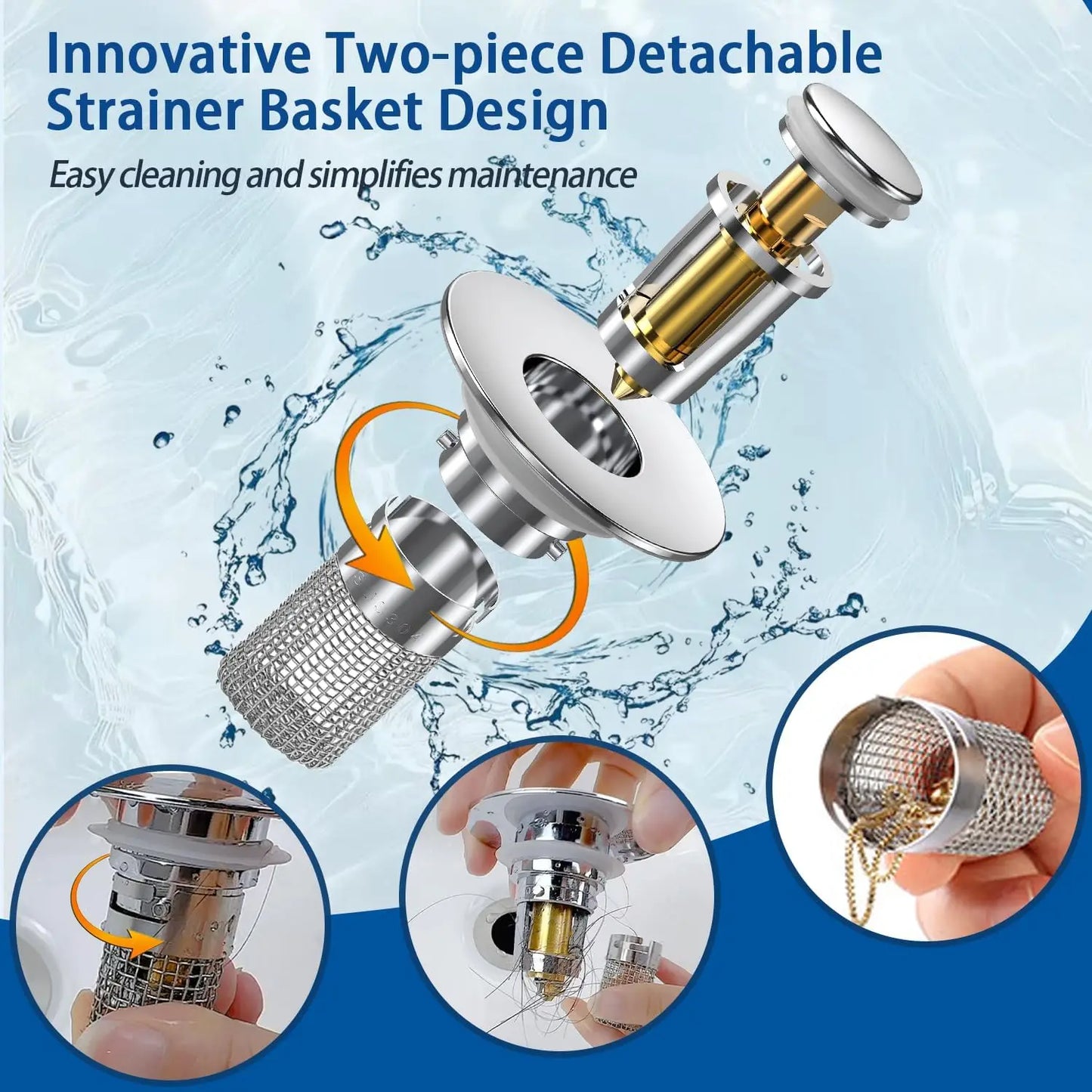 2-Pack Stainless Steel Pop-Up Sink Drain Strainer – Removable Basket Hair Catcher for Bathtub, Shower & Sink Clog Prevention