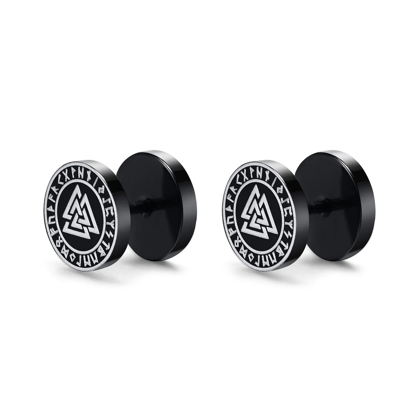 Vnox Men's Viking Black Stud Earrings - Vegvisir & Norse Valknut, Cool Punk Stainless Steel Set