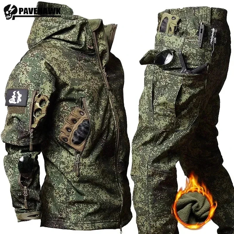 Men’s Winter Thicken Camo Tactical Suit — Waterproof Hooded Jacket & Fleece Pants Outdoor Hunting 2-Piece Set