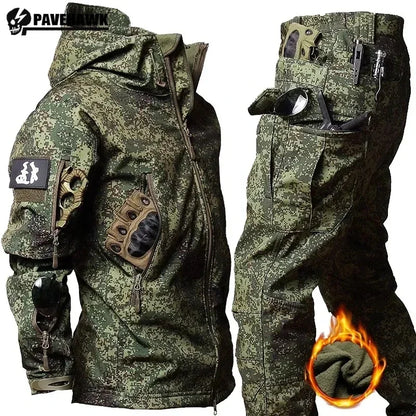 Men’s Winter Thicken Camo Tactical Suit — Waterproof Hooded Jacket & Fleece Pants Outdoor Hunting 2-Piece Set